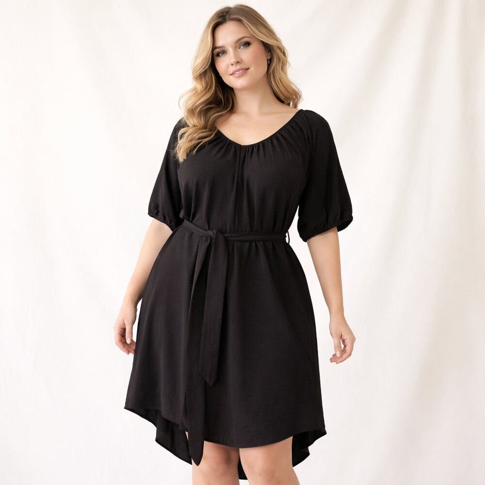 NWT Worthington Black Crepe Midi Dress (XL) Knee-Length Casual Blouson LBD